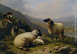 Eugene Verboeckhoven Canvas Paintings - Sheep dog guarding his flock